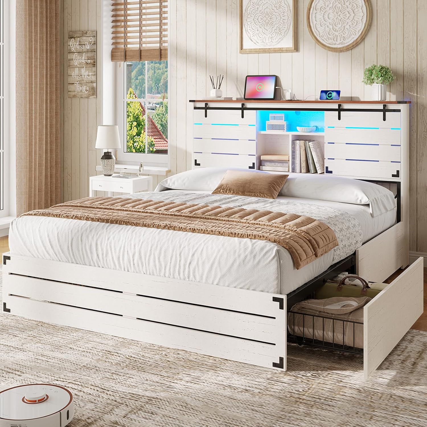 VIAGDO Wooden Bed Frame Full Size with Bookcase Headboard and Sliding Barn Door, Farmhouse Bed Frame Full Size with Charging Station, LED Lights and 4 Storage Drawers, No Box Spring Needed, White