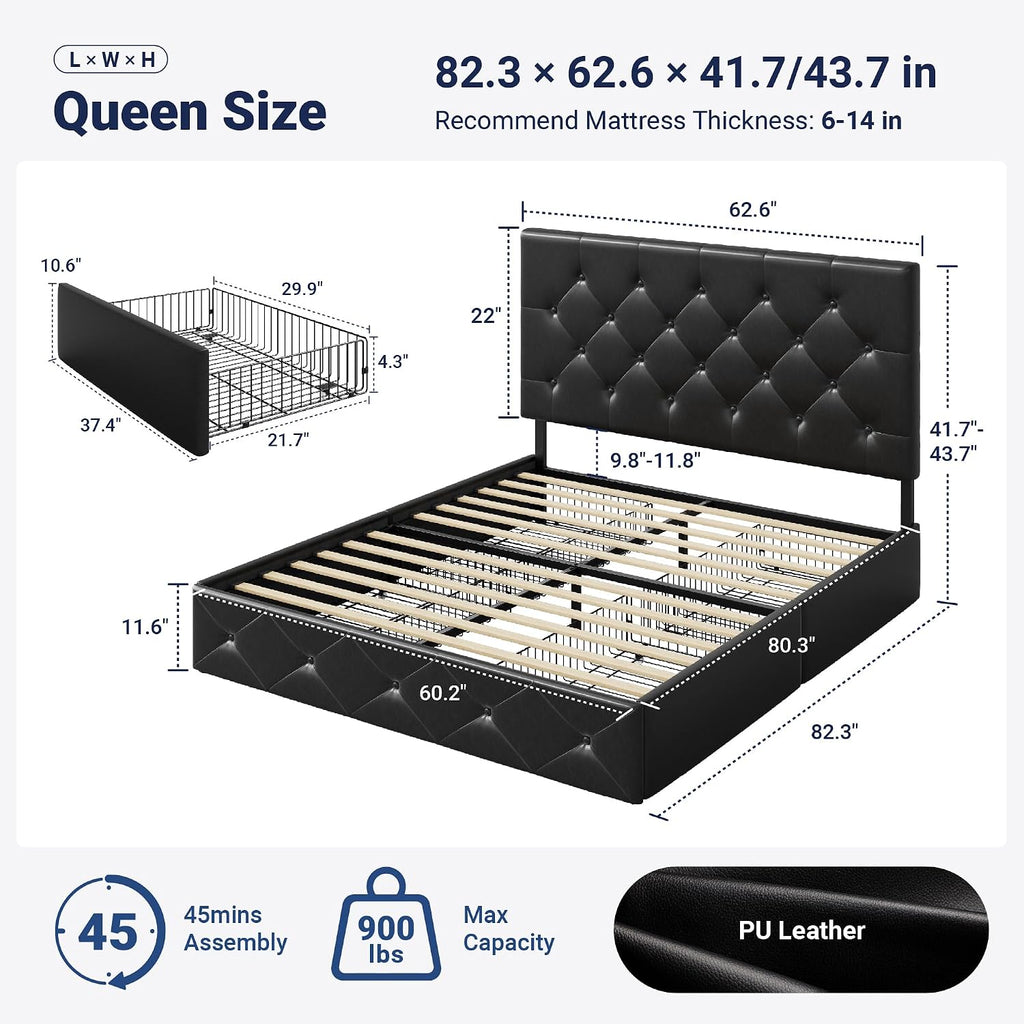 Allewie Upholstered Queen Size Platform Bed Frame with 4 Storage Drawers and Headboard, Diamond Stitched Button Tufted, Mattress Foundation with Wooden Slats Support, No Box Spring Needed, Black