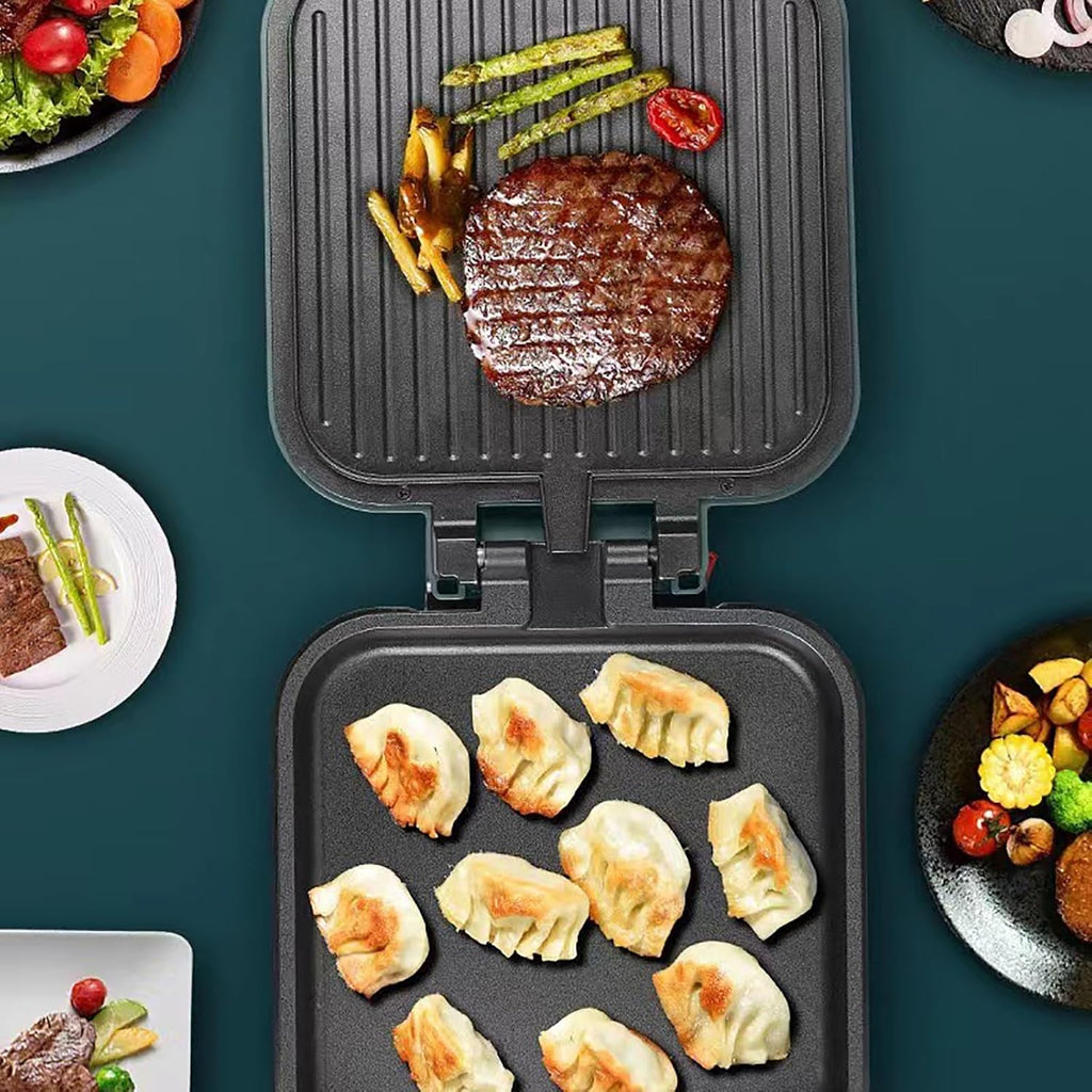 Electric Skillet, Electric Pancake Maker, Double Side Grill Pan, Indoor Smokeless Grill, 180° Folding, Non-stick Coating(Green)