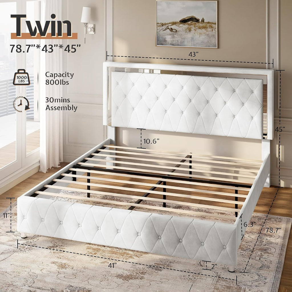 Jocisland Twin Bed Frame with LED Lights Headboard&Footboard, Velvet Upholstered Twin Size Platform Bed Frame No Box Spring Needed/White