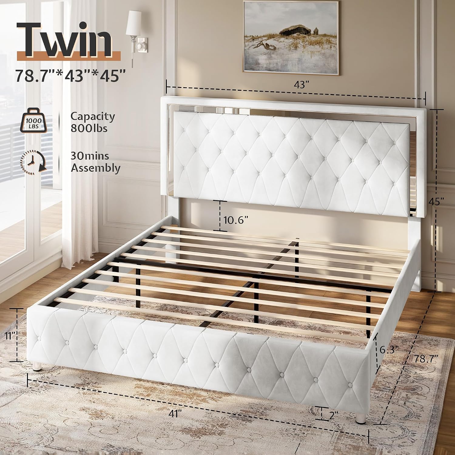 Jocisland Twin Bed Frame with LED Lights Headboard&Footboard, Velvet Upholstered Twin Size Platform Bed Frame No Box Spring Needed/White
