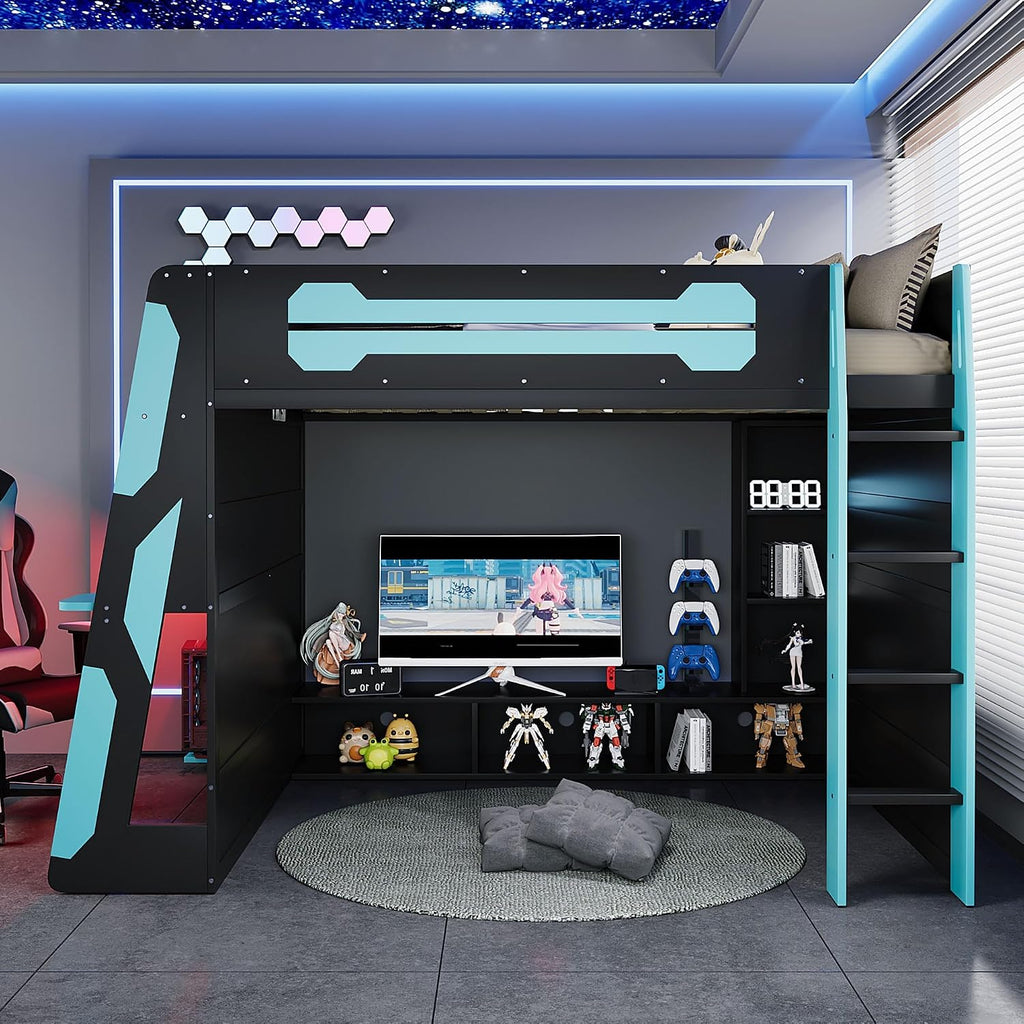 Bellemave Gaming Loft Bed with Desk and Lights, Full Loft Bed with Storage Shelves and Work Station, Wood Loft Bed Frame for Kids, Boys, Girls, Teens, No Spring Box Needed & Dedicated Style, Blue