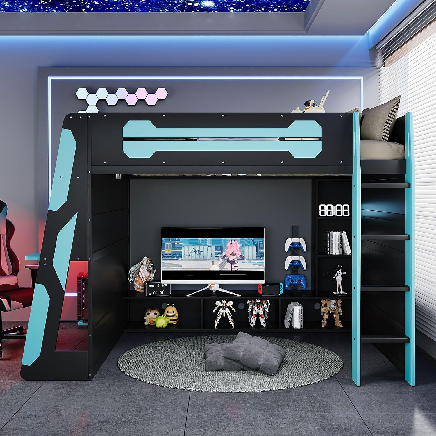 Bellemave Gaming Loft Bed with Desk and Lights, Full Loft Bed with Storage Shelves and Work Station, Wood Loft Bed Frame for Kids, Boys, Girls, Teens, No Spring Box Needed & Dedicated Style, Blue