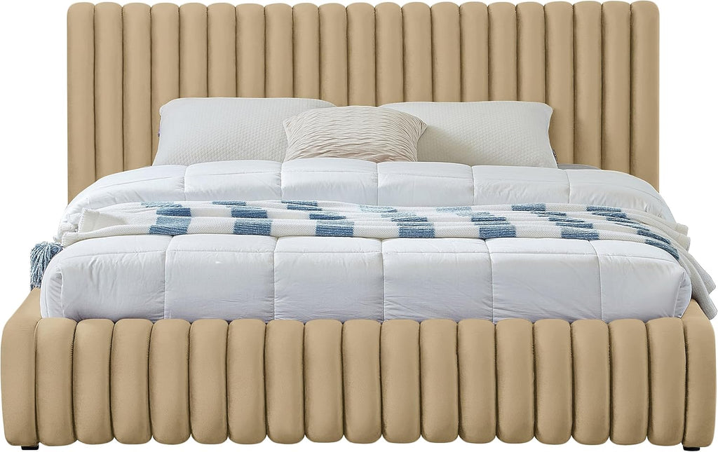 Meridian Furniture NicoCamel-K Nico Collection Modern | Contemporary Velvet Upholstered King Bed with Rich Camel Velvet and Deep Channel Tufting, 89' W x 91' D x 38' H, Camel, King