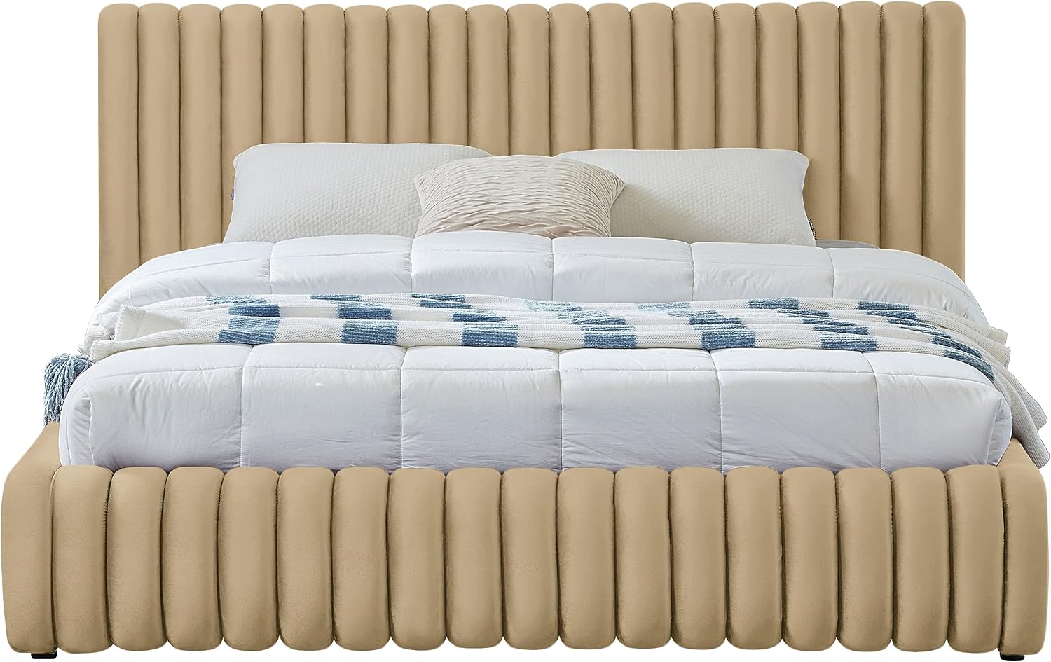 Meridian Furniture NicoCamel-K Nico Collection Modern | Contemporary Velvet Upholstered King Bed with Rich Camel Velvet and Deep Channel Tufting, 89' W x 91' D x 38' H, Camel, King