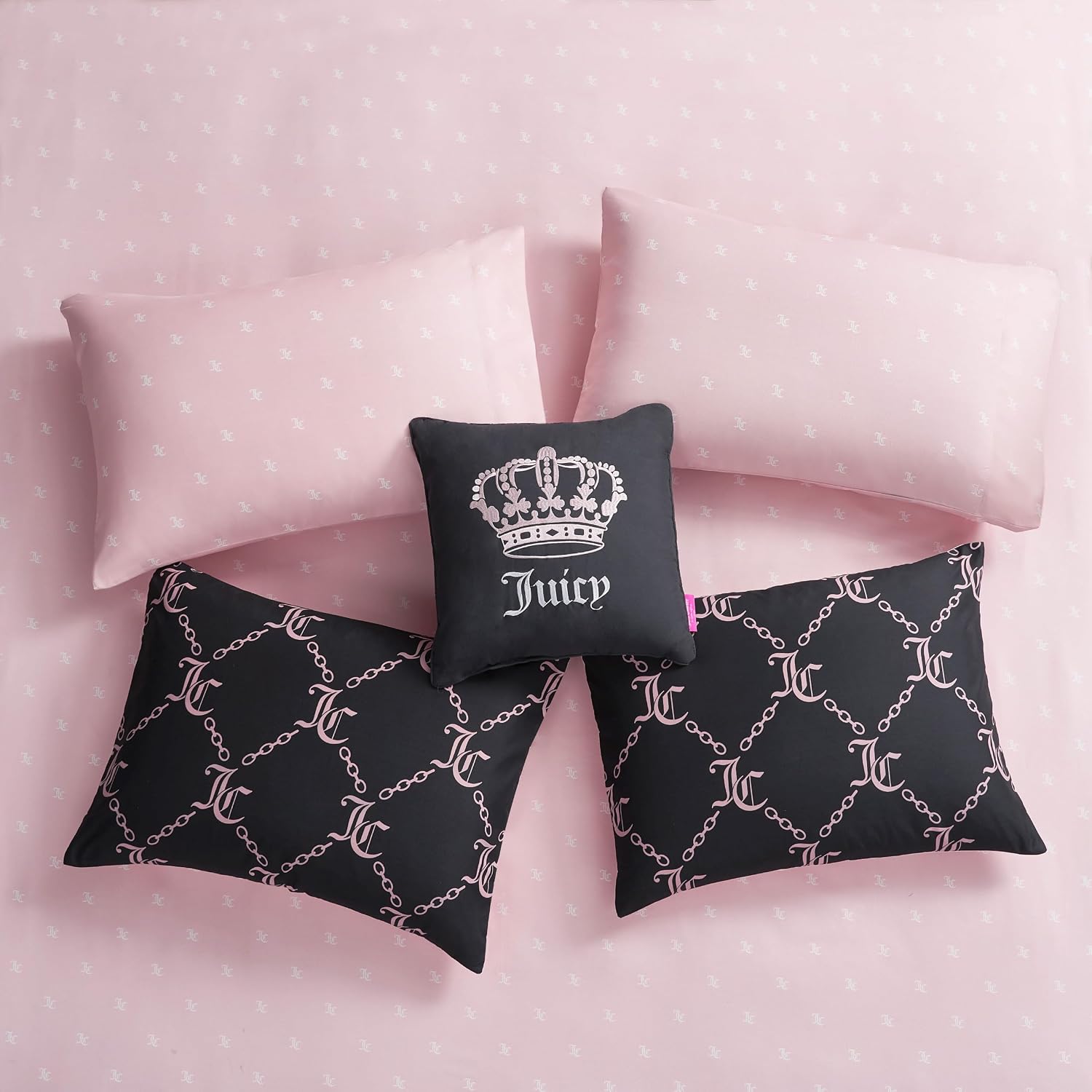 Juicy Couture Black Link Logo Printed Comforter Set, Full – Complete 8-Piece Bed in a Bag Collection