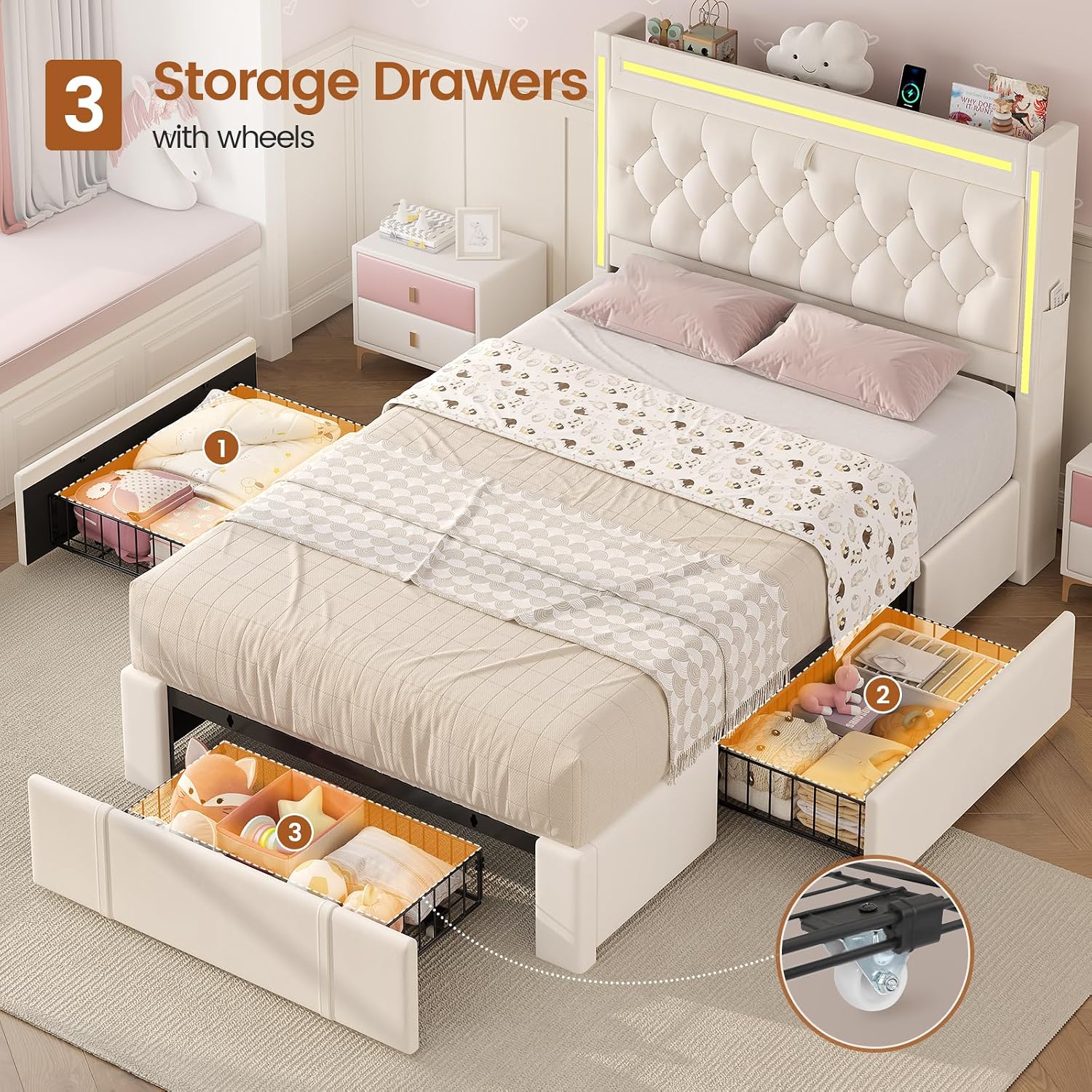 BTHFST Twin Upholstered LED Bed Frame with 3 Drawers, Velvet Hidden Storage Headboard with Charging Station, Button Tufted Headboard Princess Girl Twin Bed, No Box Spring Needed, Beige