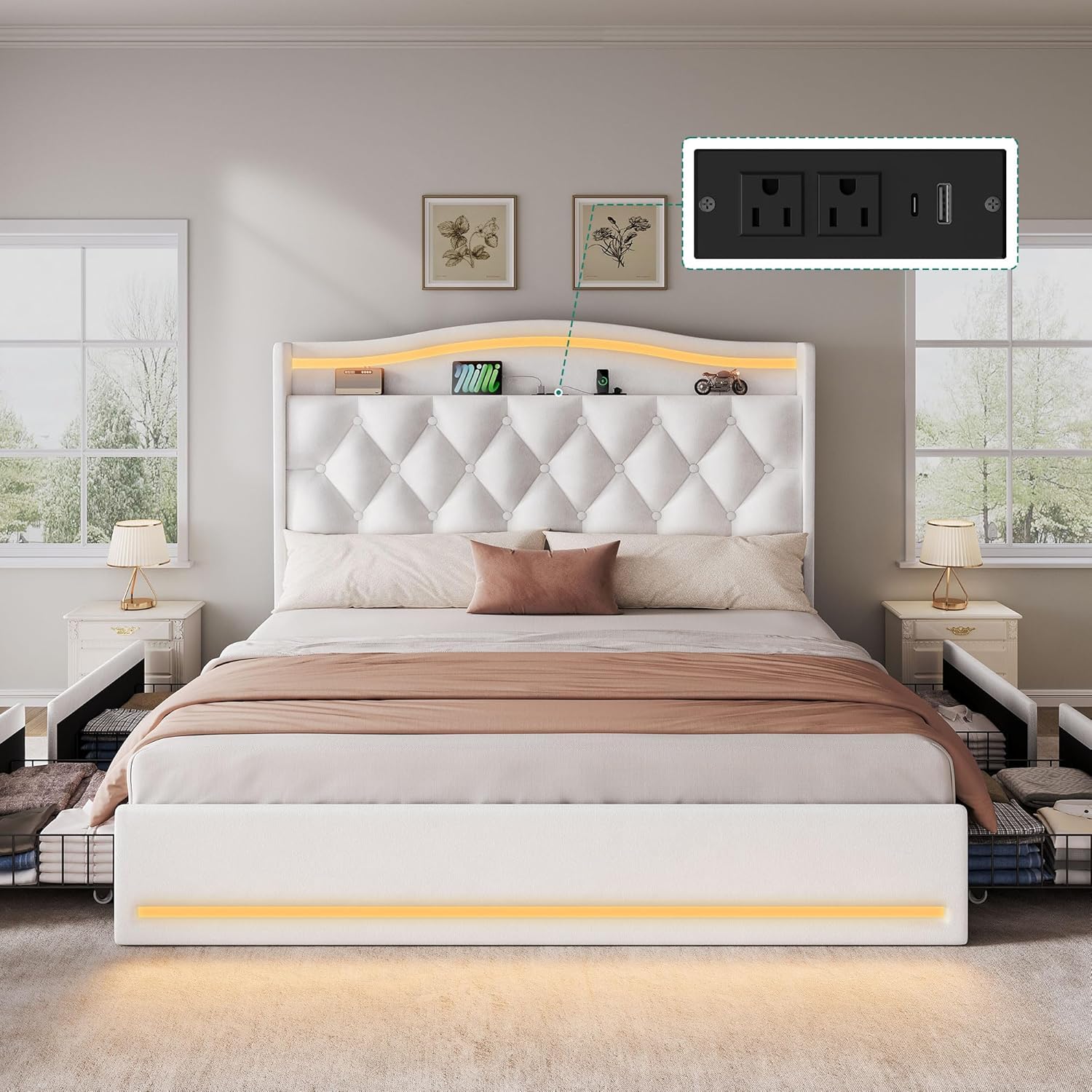 YITAHOME Queen Size Bed Frame with 4 Storage Drawers and RGB LED Lights, 57'' Tall Headboard Velvet Upholstered Bed with Charging Station, No Box Spring Needed, Easy Assembly, Noise-Free, White