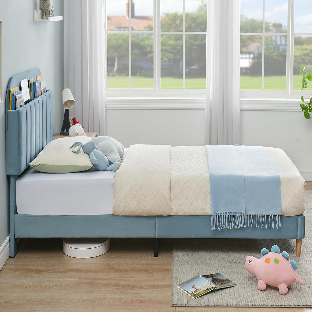 IDEALHOUSE Twin XL Bed Frames, Upholstered Platform Bed Frame with Bookcase Headboard, Velvet Platform Bed Mattress Foundation, Heavy Duty Steel Support Legs, Easy Assembly, Noise Free, Blue