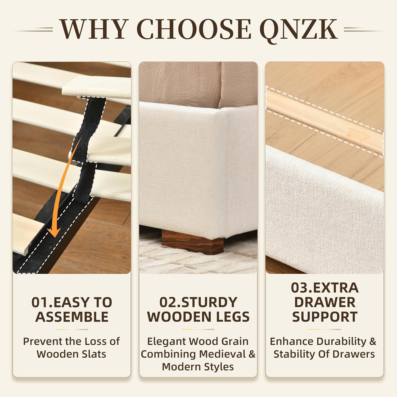 Queen Size Wood Bed Frame with Built-in Nightstands, Linen Platform Bed Frame with 2 Drawers, Natural Wood Grain & Luxury Upholstered Storage Headboard，No Box Spring Needed, Easy Assembly, Cream