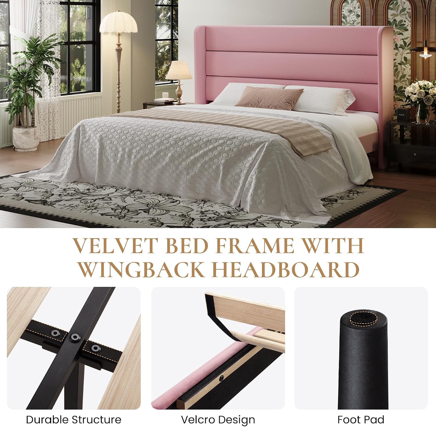 SHA CERLIN King Size Velvet Bed Frame with Wingback Headboard/Upholstered Platform Bed with Wooden Slats/Mattress Foundation/No Box Spring Needed/Easy Assembly/Pink