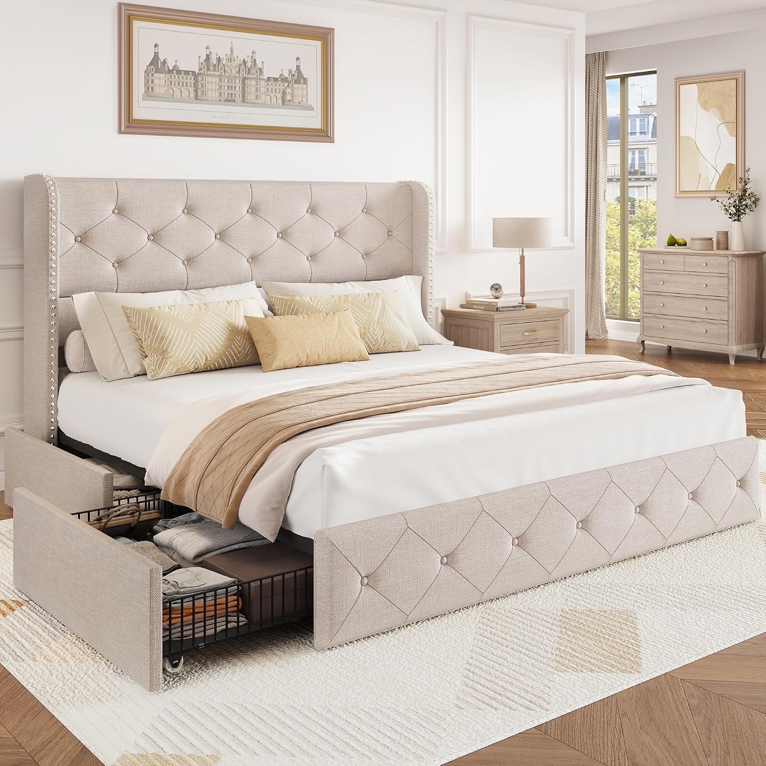 BRELTAM Full Size Bed Frame with Storage Drawers and Wingback Headboard Linen Upholstered Platform Bed Frame Tufted Beds with Heavy Duty Wood Slats, Noise Free, Easy Assembly, Beige