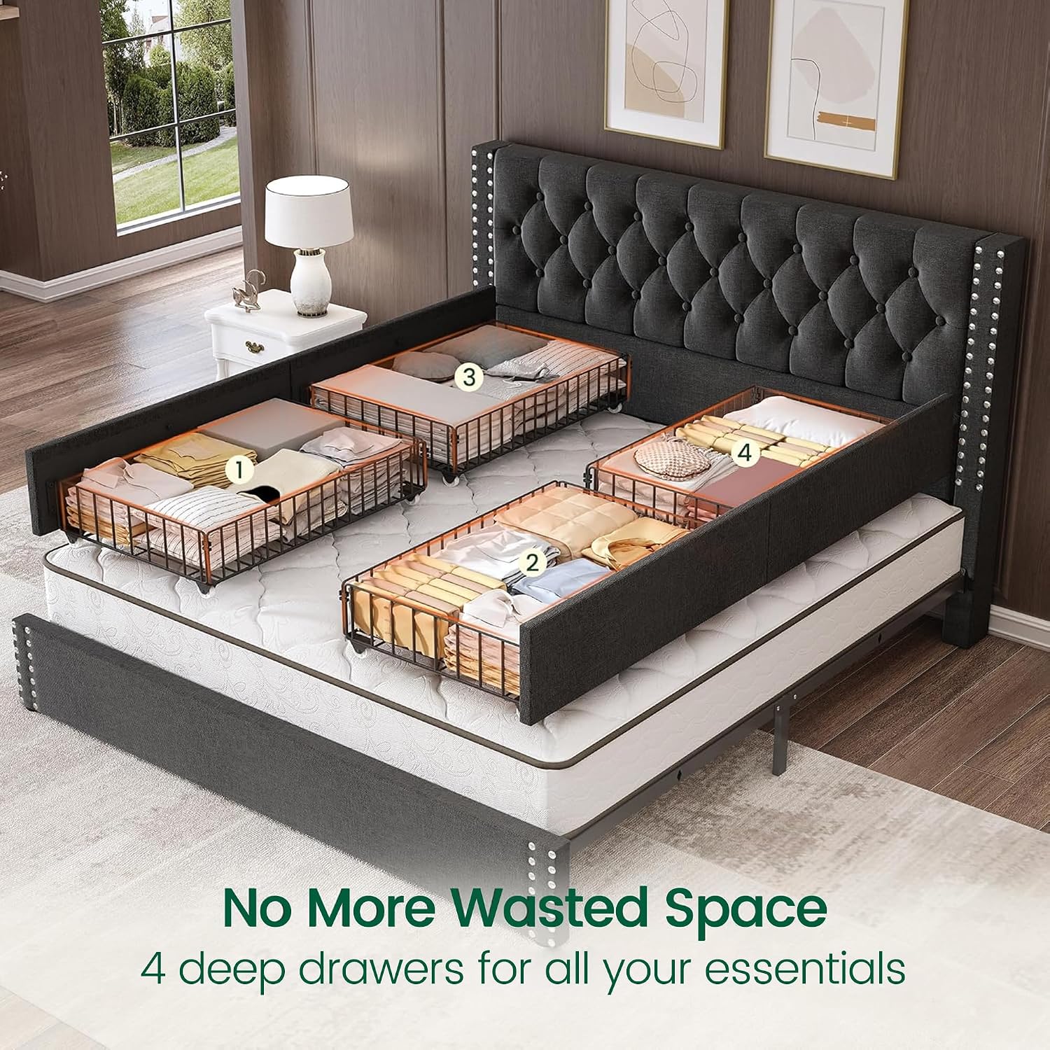 LARMACE King Size Bed Frame with 4 Storage Drawers and Tufted Headboard Linen Upholstered Platform Bed Frame with Heavy Duty Wood Slats, No Box Spring Needed, Easy Assembly, Grey