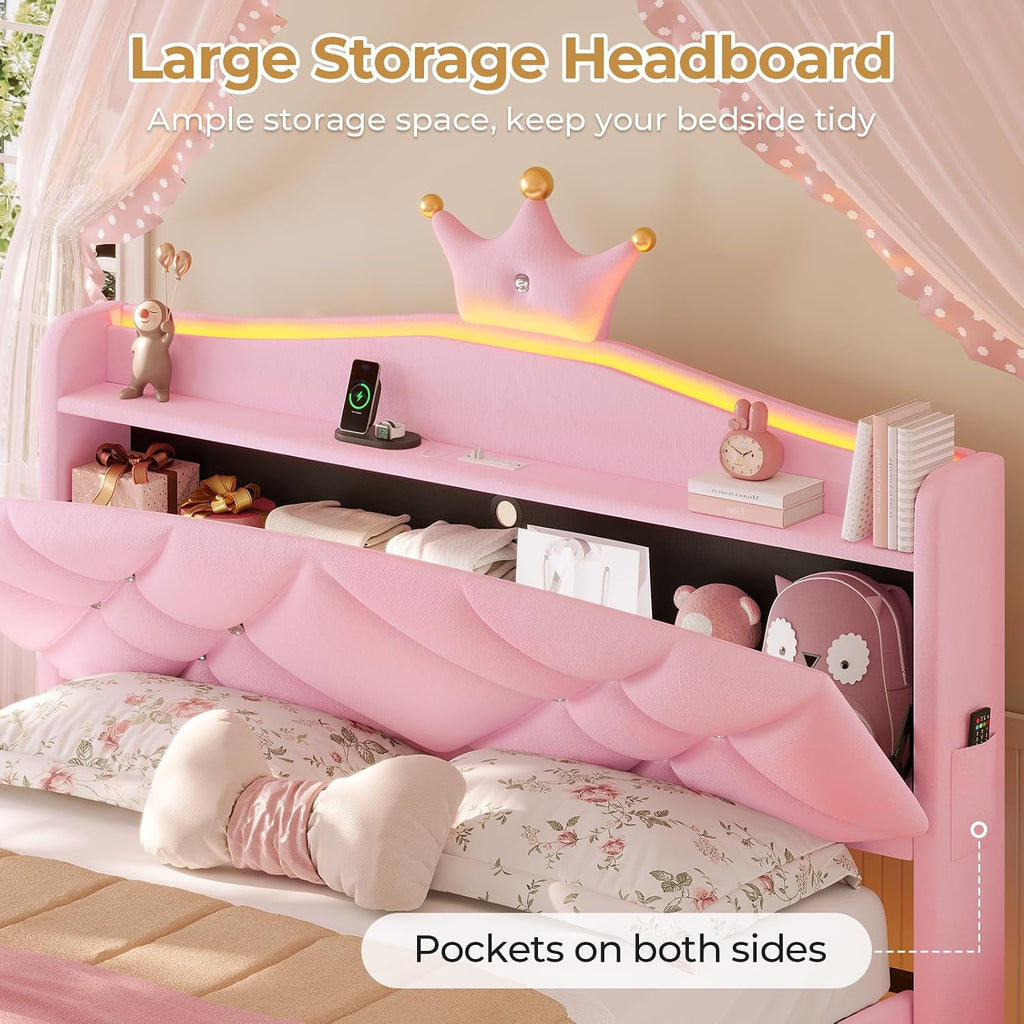 MSmask Full Bed Frame with LED Lights, Princess Upholstered Bed with Headboard with Charging Station & Crystal Button & Crown, Velvet Platform Bed for Girls, Solid Wood Slats, Curved Legs, Pink