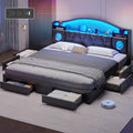 busyaeh California King Bed Frames,Cal King Bed Frame,California King Bed Frame with 6 Storage Drawers & LED Lights & Charging Station and Leather Upholstered headboard,No Box Spring Needed, PU Black