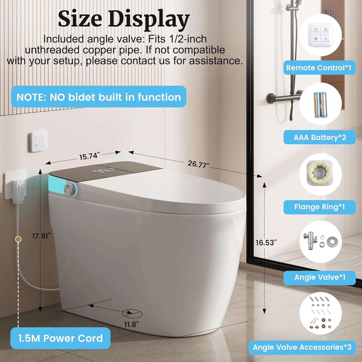 Smart Toilet with Elongated Heated Seat, Dual Auto Flush, Manual Soft-Close Seat & Lid, Night Light, Tankless Electric Toilets for Bathroom with Siphon Dual Flush 0.8/1 GPF, MAP 1000g