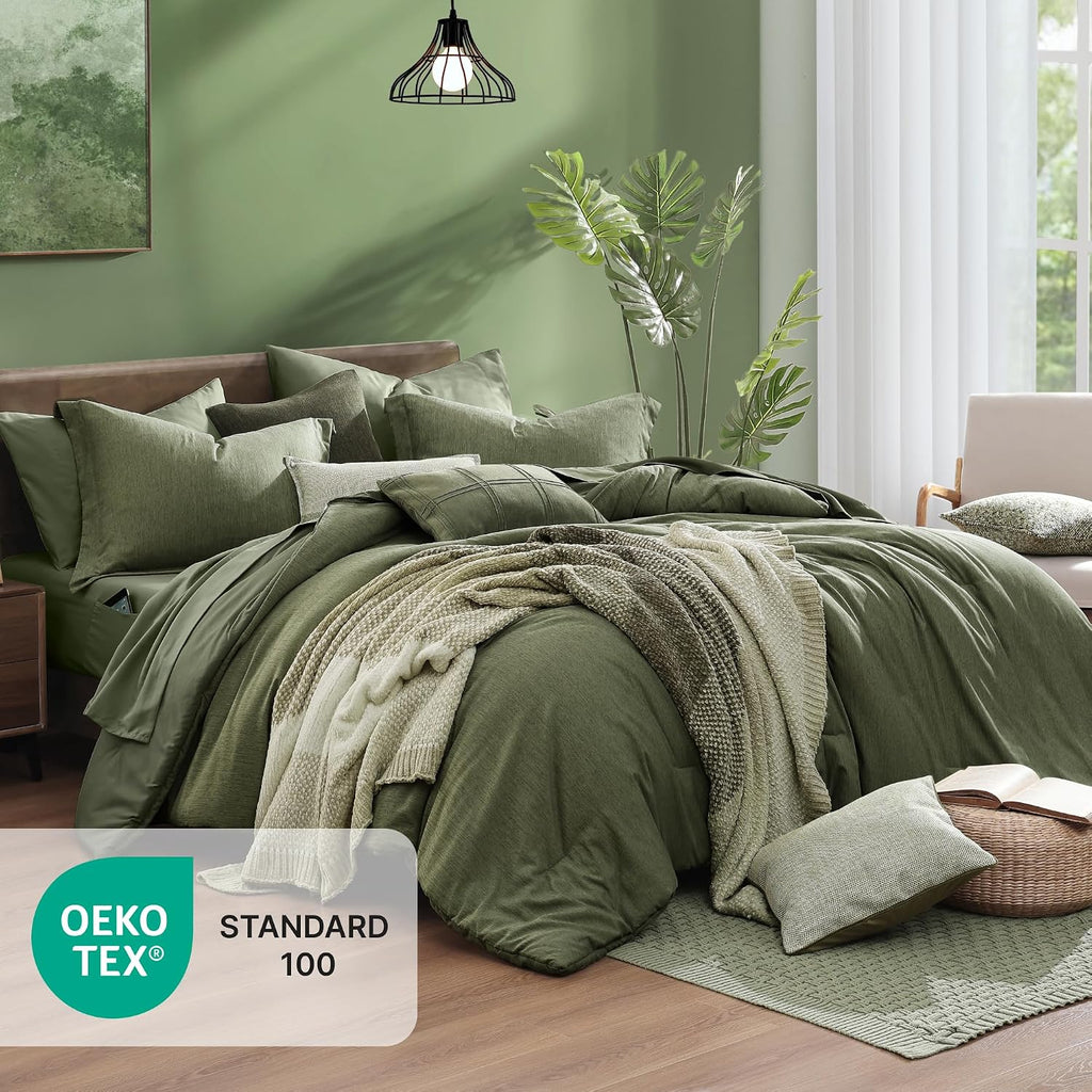 Monbix Super King Comforter Set, Olive Green Cationic Dyeing Bedding Set Reversible, Bed in a Bag 7 Pieces with Comforter, Sheets, Pillowcases & Shams
