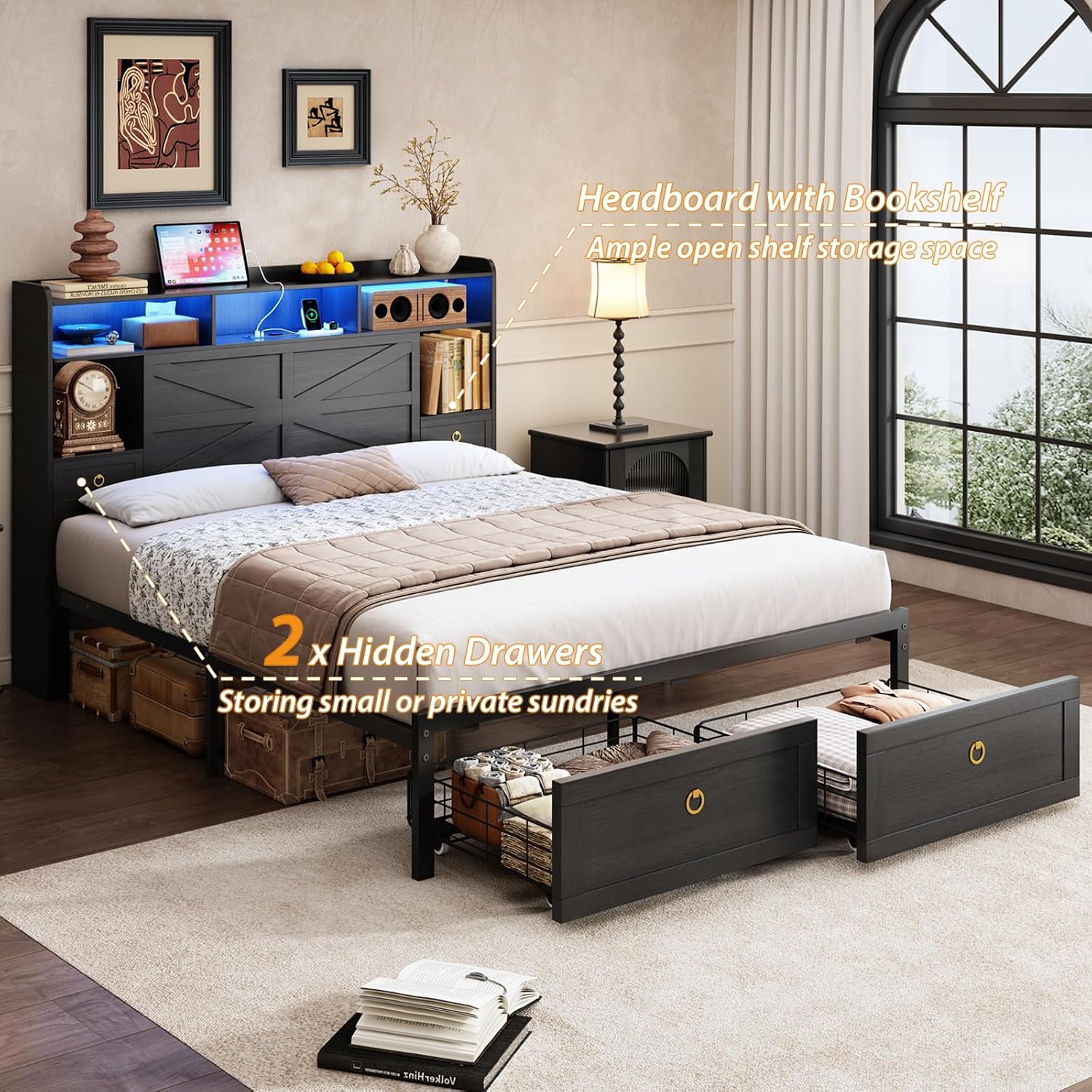 TIGUBFRE Full Bed Frame with Storage Headboard, Farmhouse Wood Bed Frame Full Size with 4 Drawers, LED Light & Charging Station, Metal Slats Support, Noise Free, No Box Spring Needed, Rustic Black