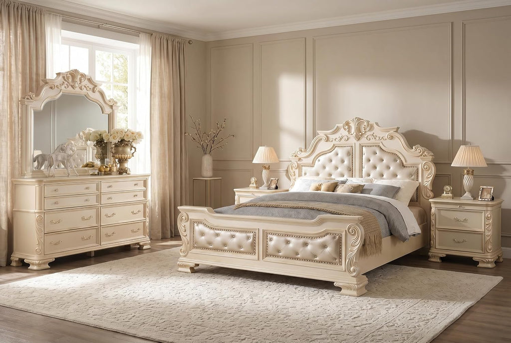 First of a Kind Victoria Off White Traditional 4 Piece King Bedroom Set with Upholstered Tufted Headboard Elegant European Inspired Design Coordinated Furniture Collection