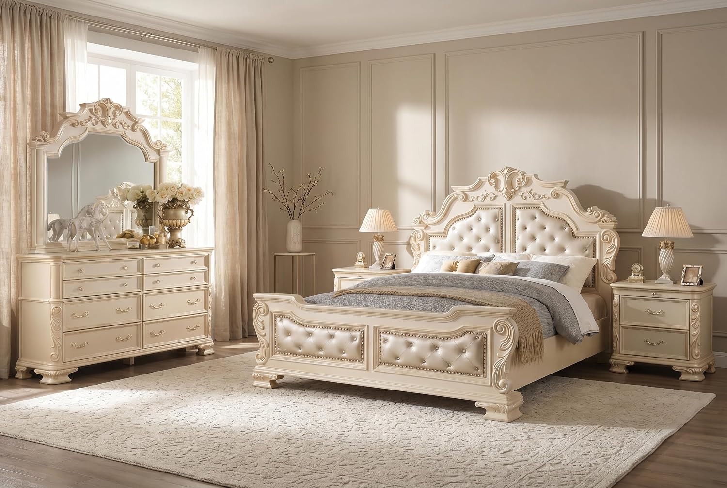 First of a Kind Victoria Off White Traditional 4 Piece King Bedroom Set with Upholstered Tufted Headboard Elegant European Inspired Design Coordinated Furniture Collection