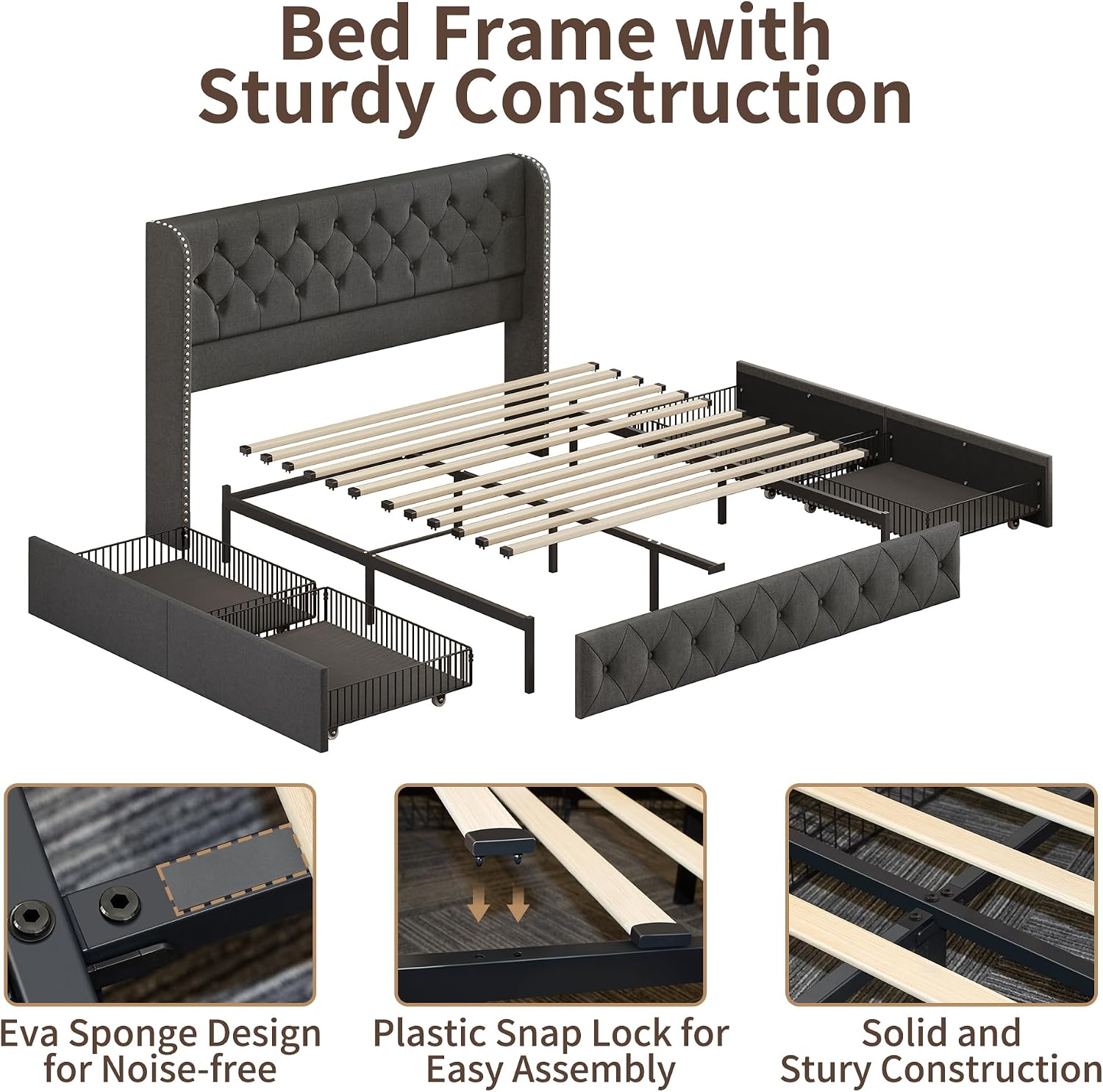 BRELTAM King Size Bed Frame with Storage Drawers and Wingback Headboard Linen Upholstered Platform Bed Frame Tufted Beds with Heavy Duty Wood Slats, Noise Free, Easy Assembly, Dark Grey