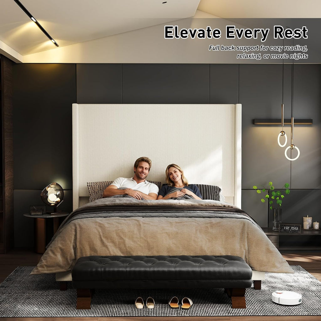 King Size 65.2' Upholstered Bed Frame with USB Charging Station,Soft Washable Corduroy Cover with Wingback Headboard, Solid Wood Legs/Noise-Free/No Box Spring Needed/Beige