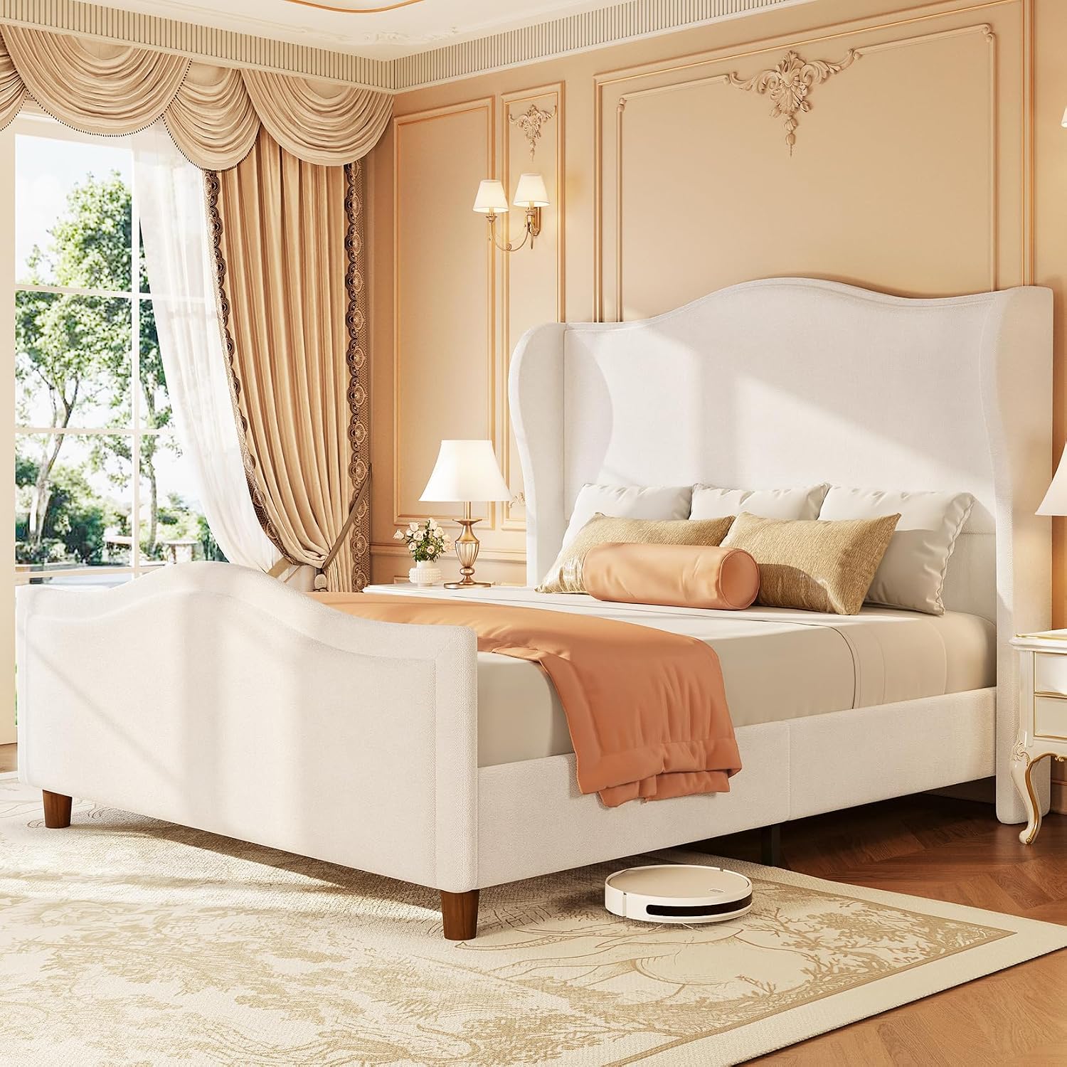 koorlian Queen Bed Frame Chenille Upholstered Platform Bed with Headboard and Footboard, 51' High Deep Tufted Wingback Sleigh Upholstered Bed, Modern Retro Minimalist Style, Easy Assembly, Cream