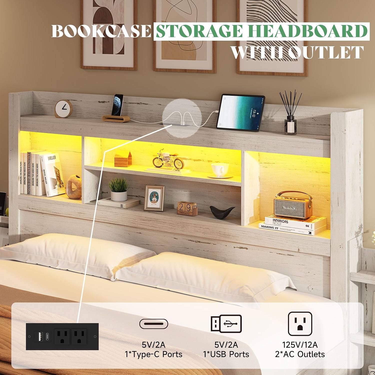 AMERLIFE Full Bed Frame with 4 Storage Drawers, LED Bed Frame with 49.6' Tall Bookcase Headboard, Wood Platform Bed with Charging Station & 2 Slide Bedside Shelf, No Box Spring Needed/Distressed White