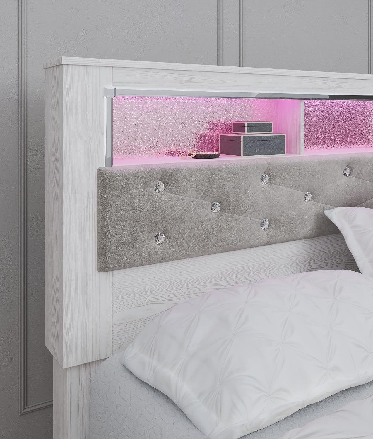 Signature Design by Ashley Altyra Modern Glam Upholstered Panel Bookcase Headboard, King, White