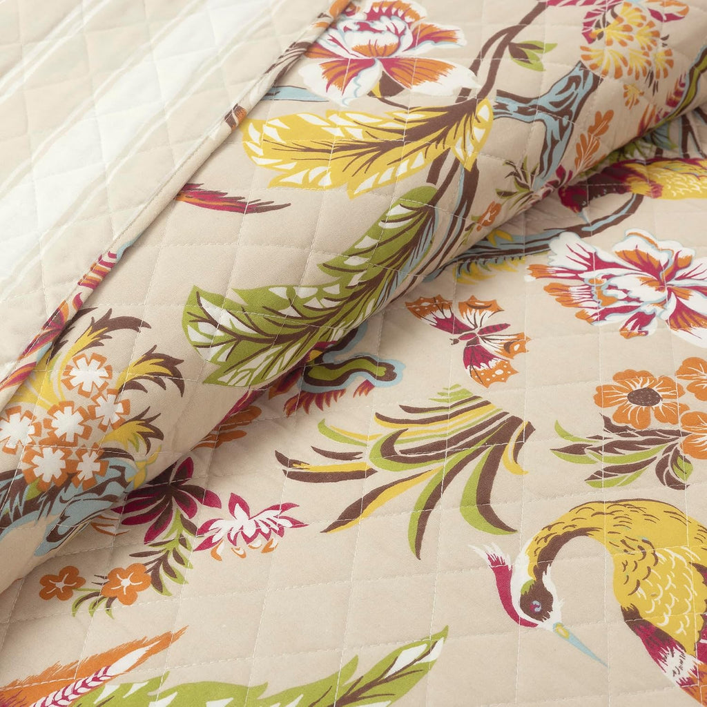 Lush Decor Dolores Reversible Cotton Quilt King Size 3 Piece Set Neutral & Multi - Tropical Bedding Set King - Floral Quilt - Cottage Bedroom Decor