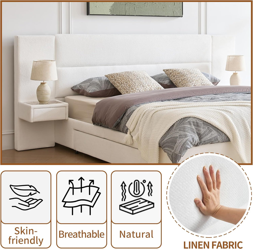 King Size Upholstered Platform Bed Frame with 2 Side Storage Drawers & Built-in Nightstands, Linen Headboard, Sturdy Metal Frame, Noise-Free, No Box Spring Needed, White