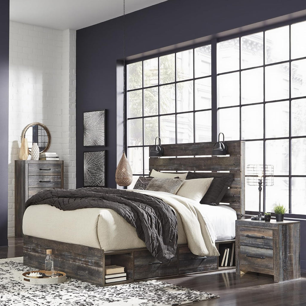 Signature Design by Ashley Drystan Rustic Queen Panel Platform Bed with 2 Storage Drawers, Open Cubbies, Sconce LED Lights and USB Ports, Foundation or Box Spring Not Needed, Dark Brown & Gray