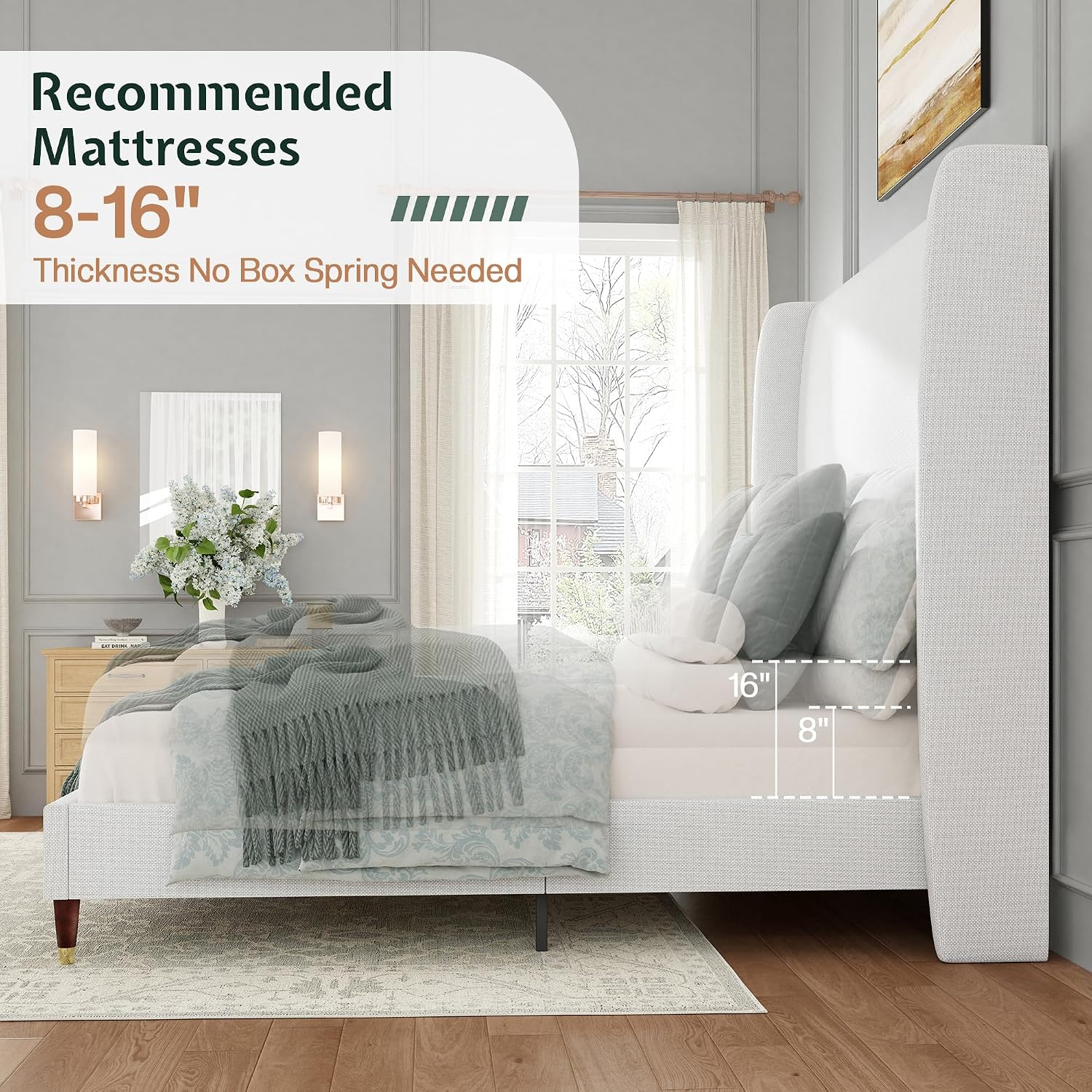 Jocisland Queen Size Bed Frame 51.2' Wingback Headboard Linen Upholstered Platform Bed with Solid Wood Legs & Wooden Slats, No Box Spring Needed, Modern Minimalist Style, Easy Assembly, White