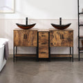 UEV Rustic Brown 60' Double Bathroom Vanity with Sink Combo,Industrial Iron Frame 2 Main Bathroom Vanity with Middle 3 Drawers Cabinet,Modern Brown Boat Tempered Glass Vessel Sink(029BR)