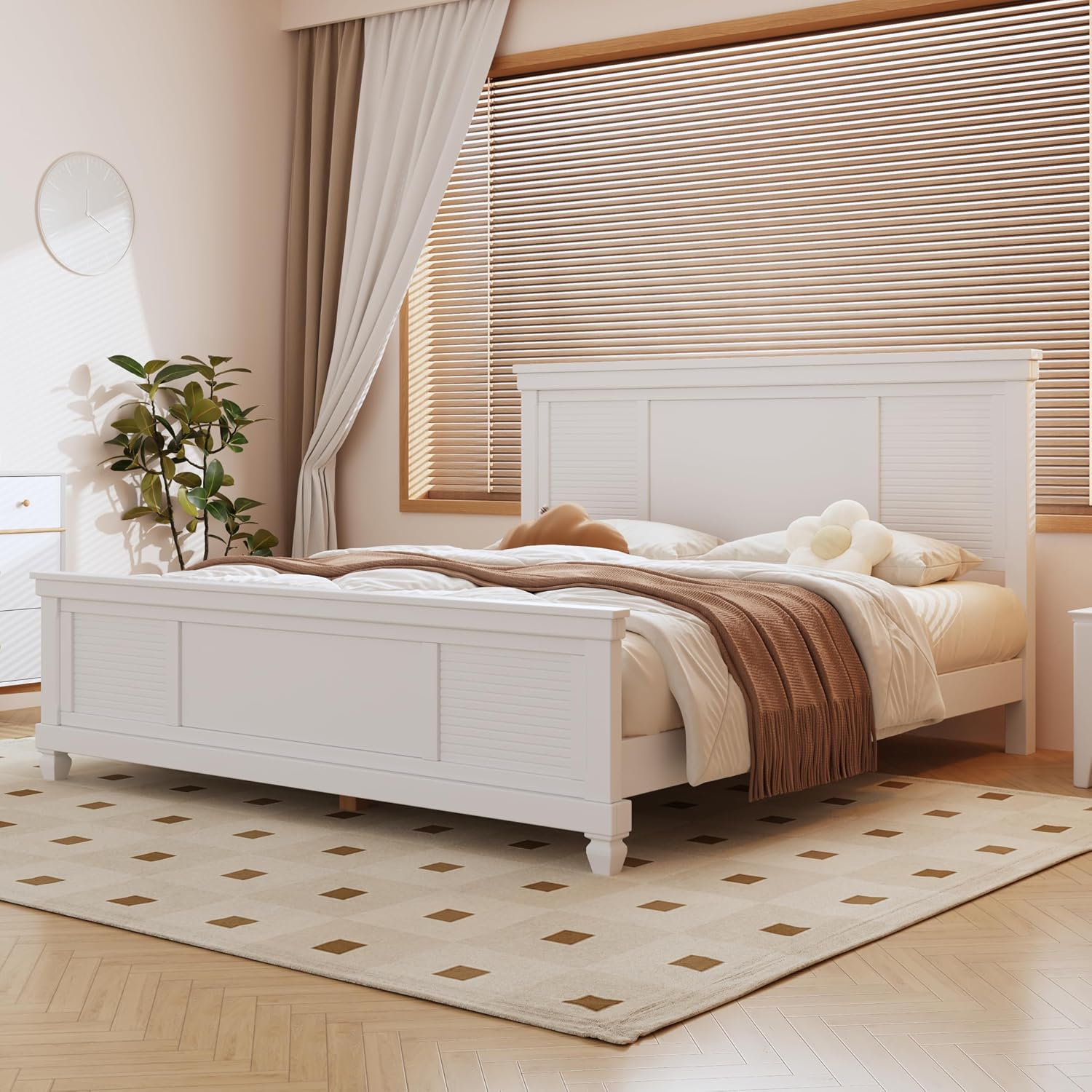 Christopher Knight Home Todie Modern Queen Size Bed Frame with Headboard, Wooden Queen Size Platform Bed Frame, Farmhouse Queen Size Bed Set, No Box Spring Needed, Easy Assembly, White