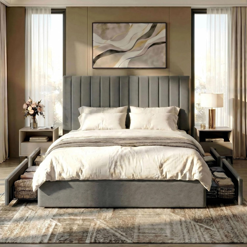 SHA CERLIN King Size Platform Bed Frame with 4 Storage Drawers, Vertical Channel Tufted Adjustable Headboard, Velvet Upholstered, Wooden Slats Support, No Box Spring Needed, Easy Assembly, Grey