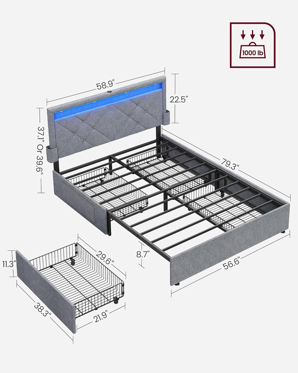 VASAGLE LED Bed Frame Full Size, Full Bed with Headboard and 4 Drawers, 1 USB Port and 1 Type C Port, Adjustable Upholstered Headboard 37.1/39.6 Inches, No Box Spring Needed, Light Gray URMB822G01