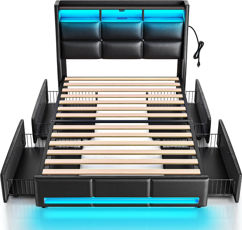Rolanstar Twin Size Bed Frame with LED Lights and Charging Station, PU Leather Bed Storage Headboard & Drawers, Heavy Duty Wood Slats, Easy Assembly, Black