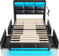 Rolanstar Twin Size Bed Frame with LED Lights and Charging Station, PU Leather Bed Storage Headboard & Drawers, Heavy Duty Wood Slats, Easy Assembly, Black