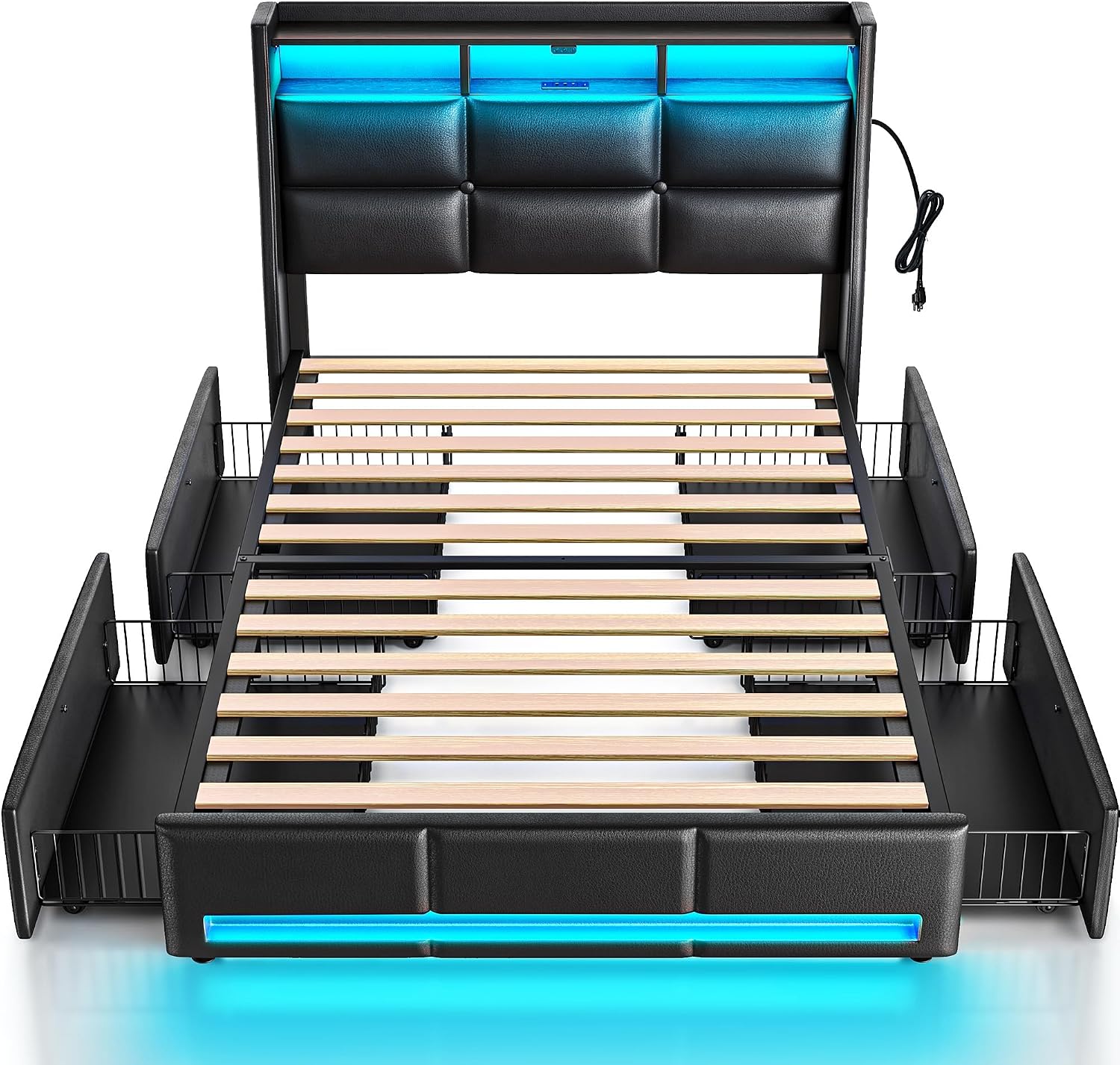 Rolanstar Twin Size Bed Frame with LED Lights and Charging Station, PU Leather Bed Storage Headboard & Drawers, Heavy Duty Wood Slats, Easy Assembly, Black