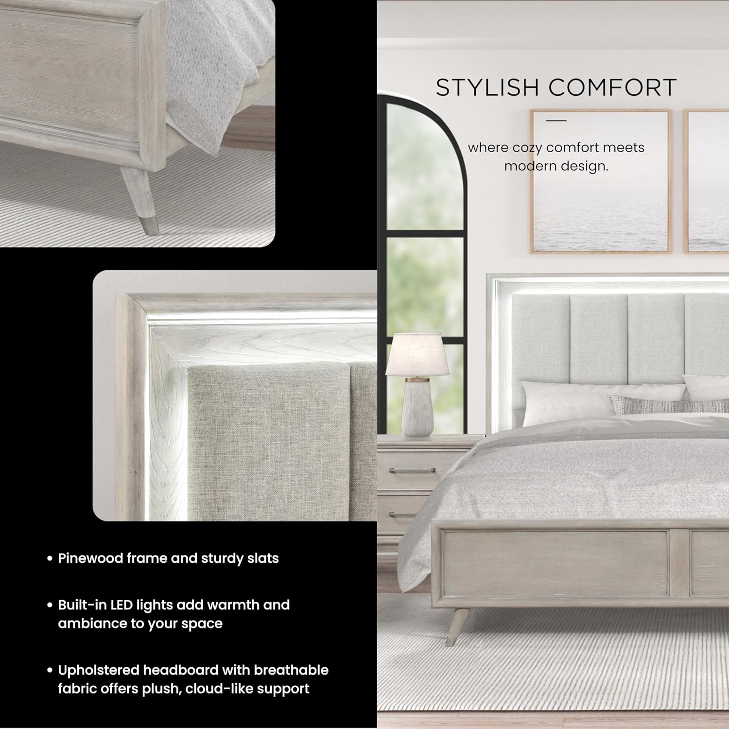 Roundhill Furniture Seluna 4-Piece Bedroom Set with Touch LED Lighting, Gray Oak Finish, King