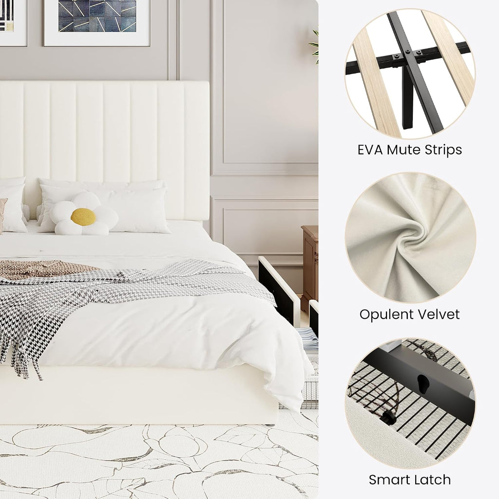 SHA CERLIN King Size Platform Bed Frame with 4 Storage Drawers, Vertical Channel Tufted Adjustable Headboard, Velvet Upholstered, Wooden Slats Support, No Box Spring Needed, Easy Assembly, Cream