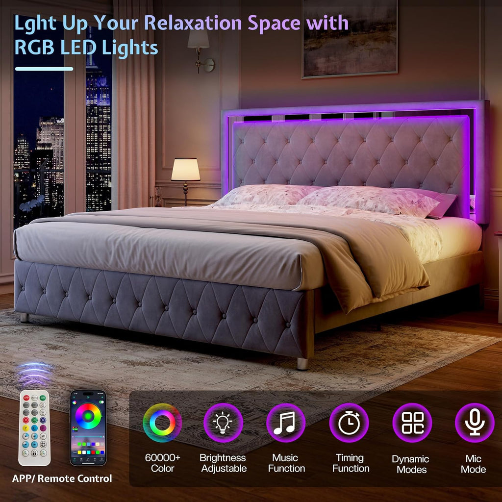 Jocisland Full Bed Frame with LED Lights Headboard&Footboard, Velvet Upholstered Full Size Platform Bed Frame No Box Spring Needed/Light Grey