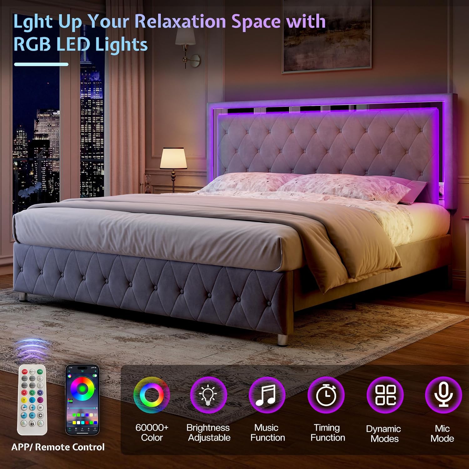 Jocisland Full Bed Frame with LED Lights Headboard&Footboard, Velvet Upholstered Full Size Platform Bed Frame No Box Spring Needed/Light Grey