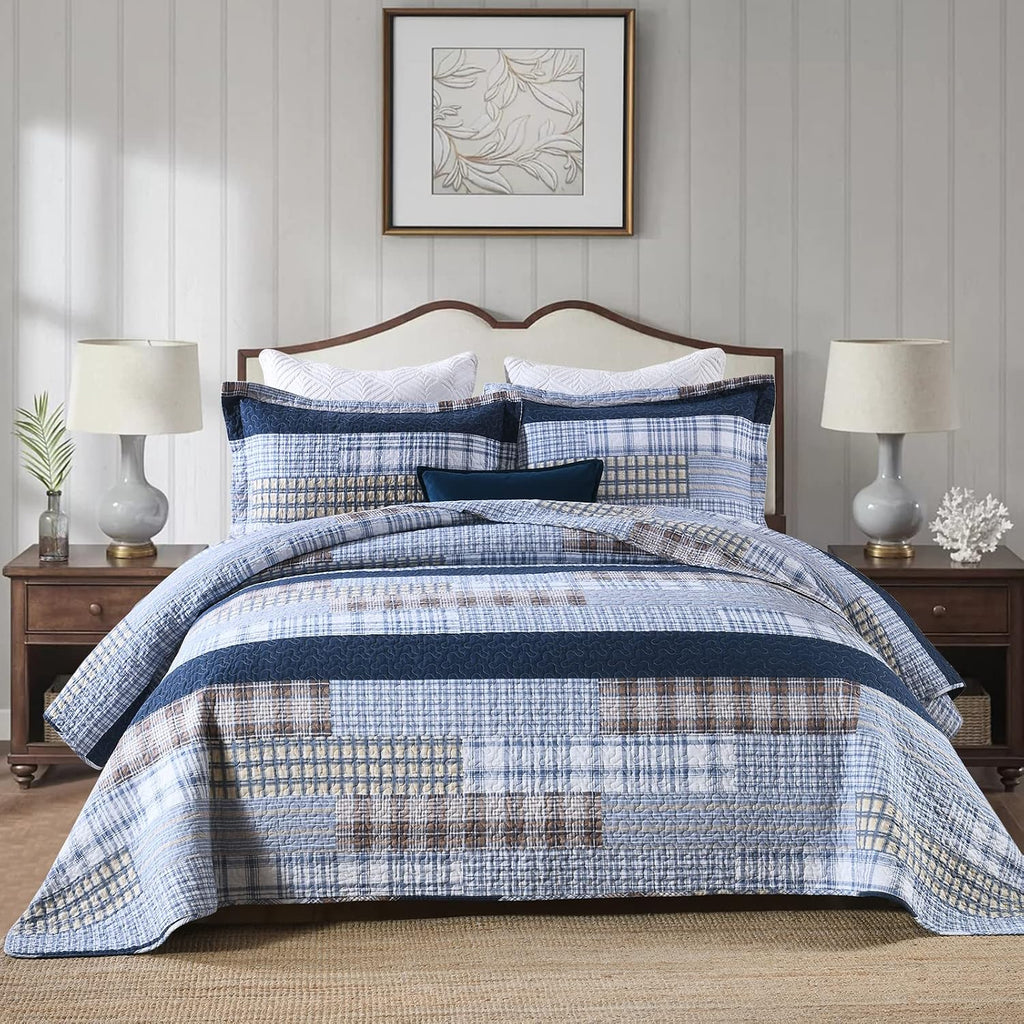 PANGUSHAN Quilt Set King Size, 100% Cotton Quilt Bedding Set Bedspreads, Patchwork Plaid Farmhouse Reversible Lightweight Comforter Bed Spread for King Bed, Blue, 3 Pieces