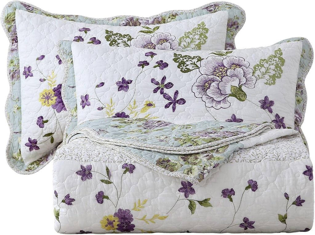 vctops 3-Piece Elegant Floral Embroidered Bedspread Coverlet Set Oversize Queen 100% Cotton Reversible Patchwork 1 Quilt and 2 Pillow Shams (Flower H,Oversize Queen)