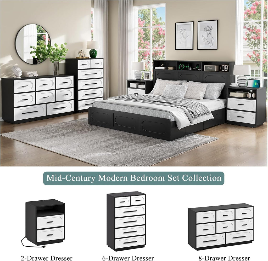 2 Pieces Bedroom Set, Queen Size Bed Frame with Storage Headboard, Nightstand with Charging Station, Black