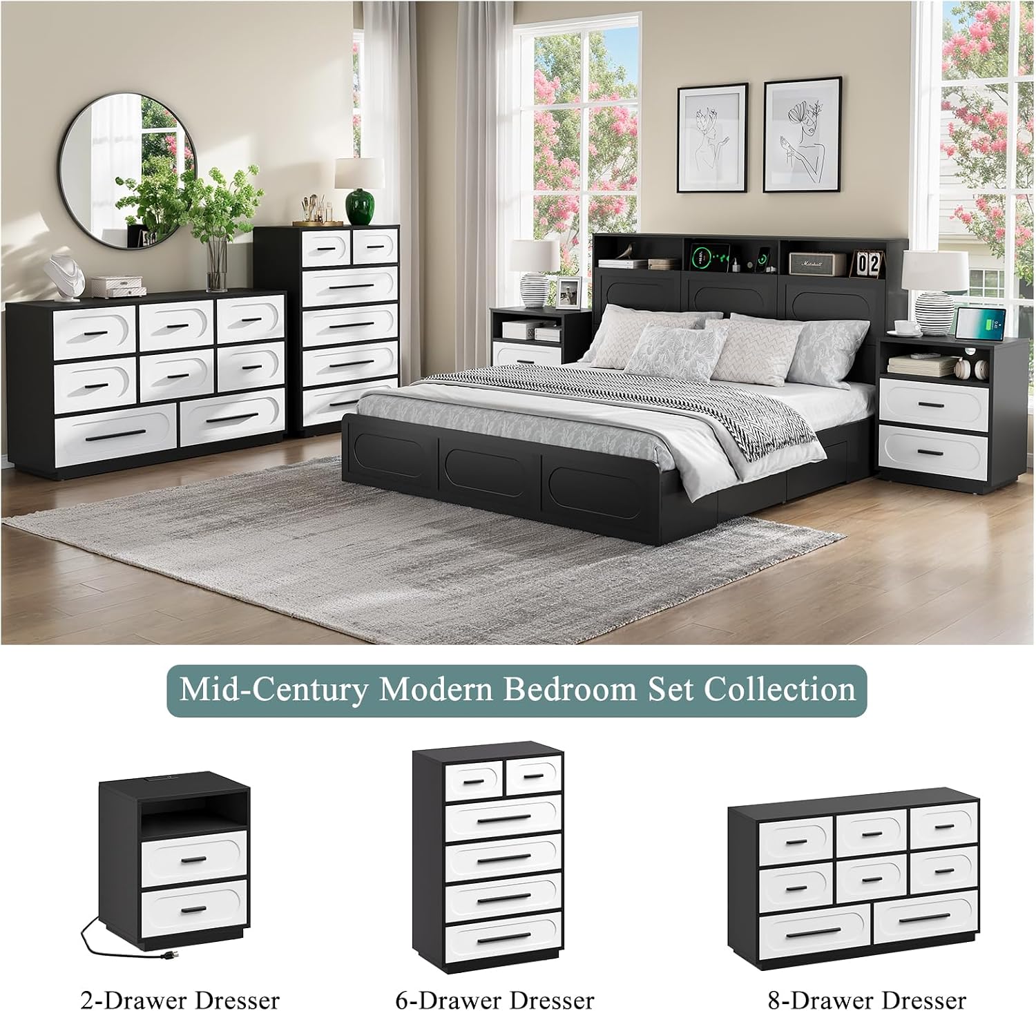 2 Pieces Bedroom Set, Queen Size Bed Frame with Storage Headboard, Nightstand with Charging Station, Black