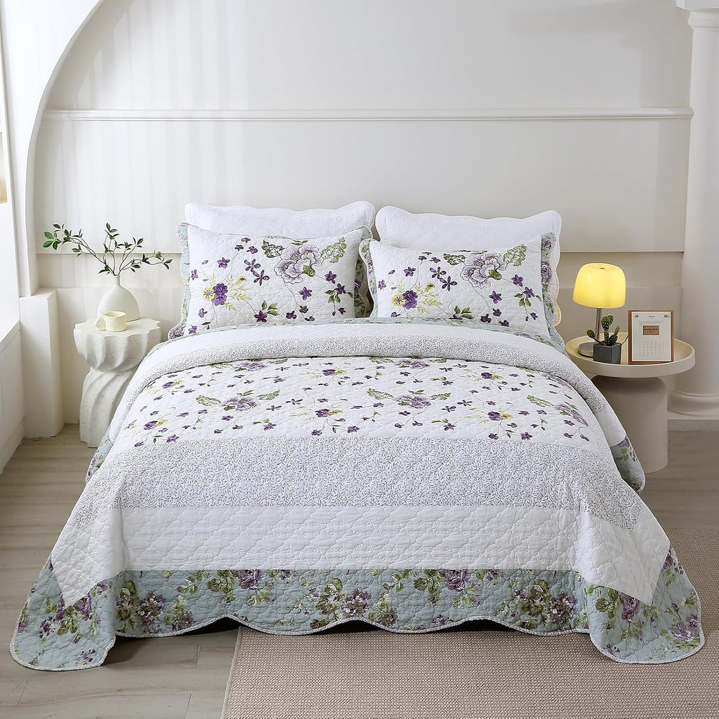 vctops 3-Piece Elegant Floral Embroidered Bedspread Coverlet Set Oversize Queen 100% Cotton Reversible Patchwork 1 Quilt and 2 Pillow Shams (Flower H,Oversize Queen)