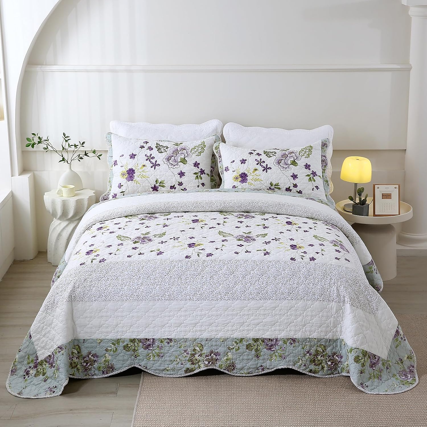 vctops 3-Piece Elegant Floral Embroidered Bedspread Coverlet Set Oversize Queen 100% Cotton Reversible Patchwork 1 Quilt and 2 Pillow Shams (Flower H,Oversize Queen)